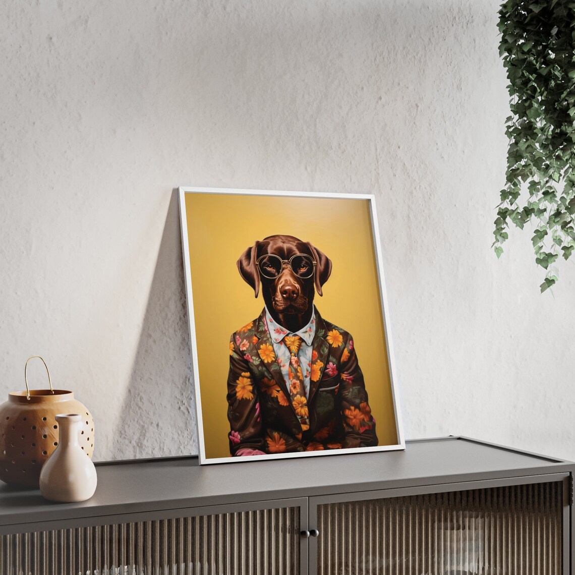 Chocolate Lab In Round Glasses Floral Suit Funny Dog Portrait Poster - Image 2