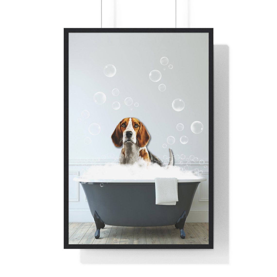 Handsome Foxhound in Bubble Bath Funny Dog Bathroom Art Poster
