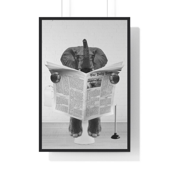Elephant Wearing Glasses Reading Newspaper While On Toilet Poster