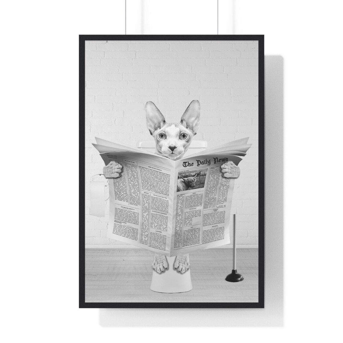 Sphynx Cat Reading Newspaper on Toilet Whimsy Bathroom Poster
