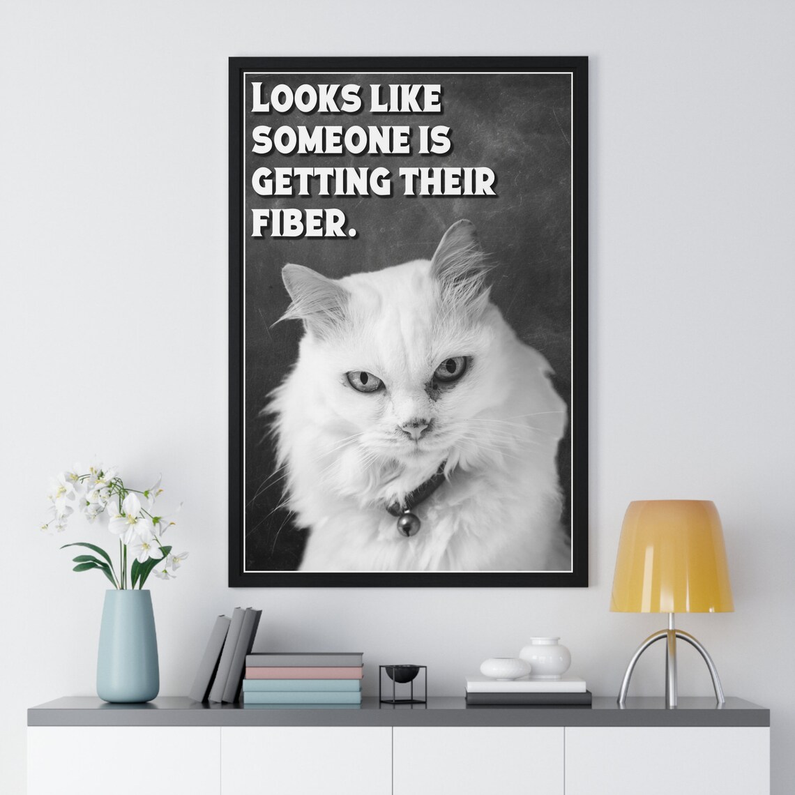 White Cat Black and White Getting Their Fiber Funny Bathroom Quote Poster - Image 2