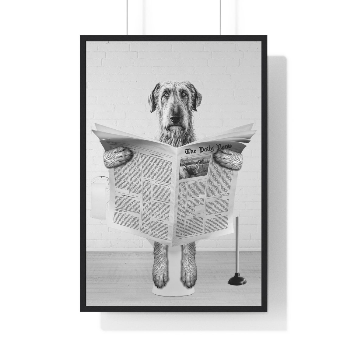 Irish Wolfhound Reading Newspaper on Toilet Funny Bathroom Poster