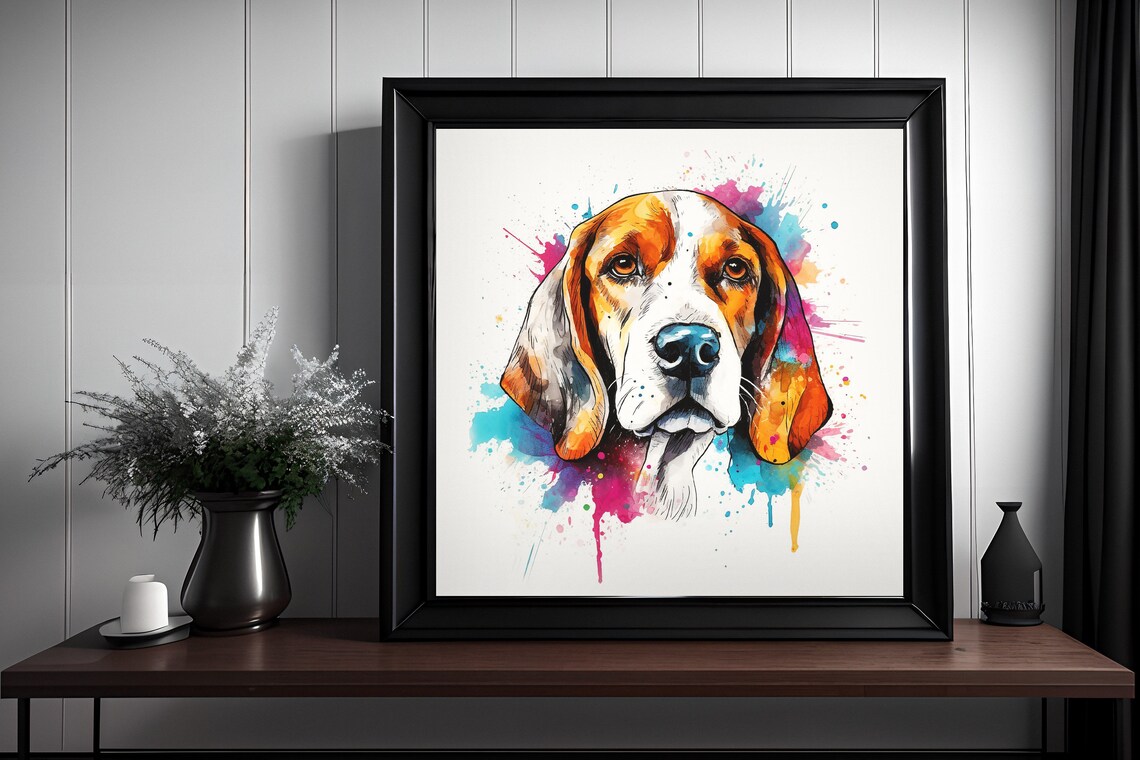 Cheerful Smiling Beagle Watercolor Splatter Dog Portrait Poster