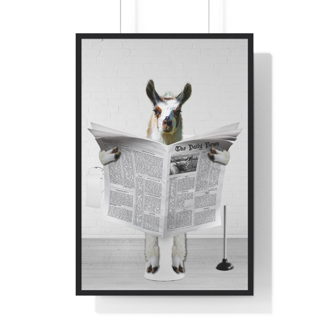 Llama Reading Newspaper Funny Bathroom Humor Animal Art Poster