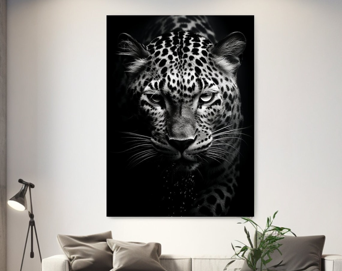 Black and White Leopard Portrait Emerging from Darkness Wildlife Poster
