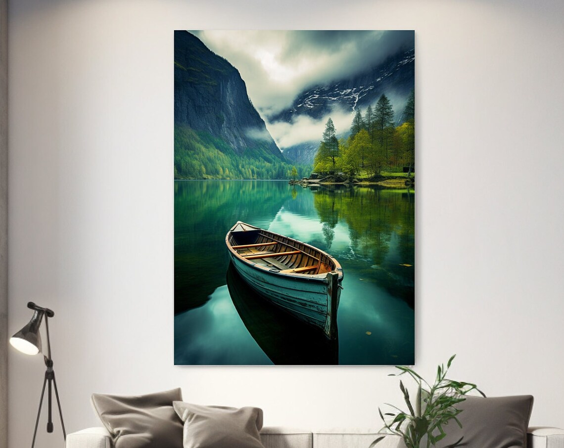 Wooden Boat On Calm Mountain Lake Misty Reflections Travel Poster