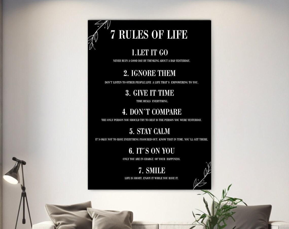 Seven Rules Of Life Black White Quote Typography Inspirational Wall Poster