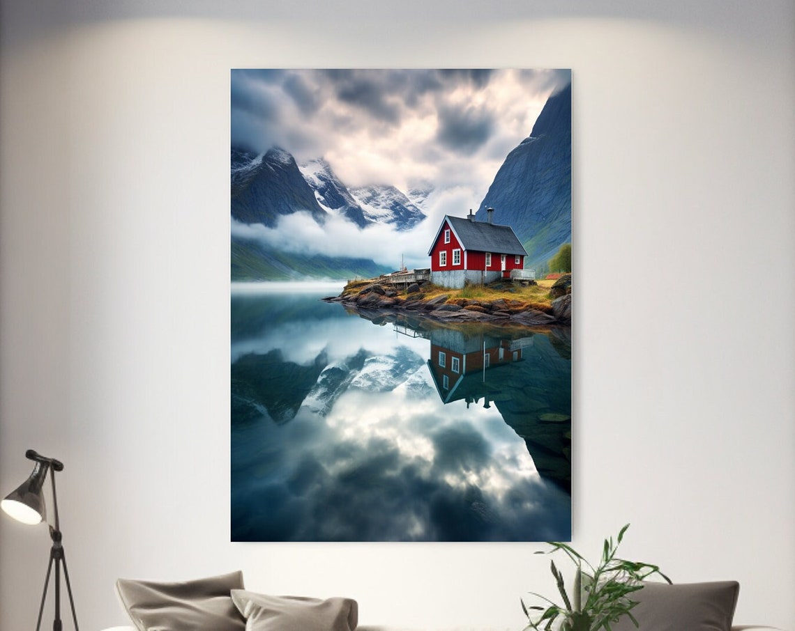 Norway Fjord Red Cabin Lake Mirror Reflection Mountains Poster