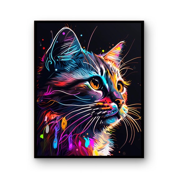 Neon Glow Cat Portrait Vibrant Colorful Black Background Poster