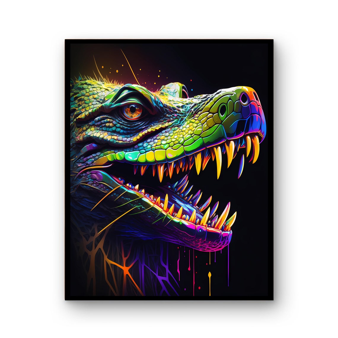 Neon Crocodile Head Colorful Glow Reptile Dark Background Poster