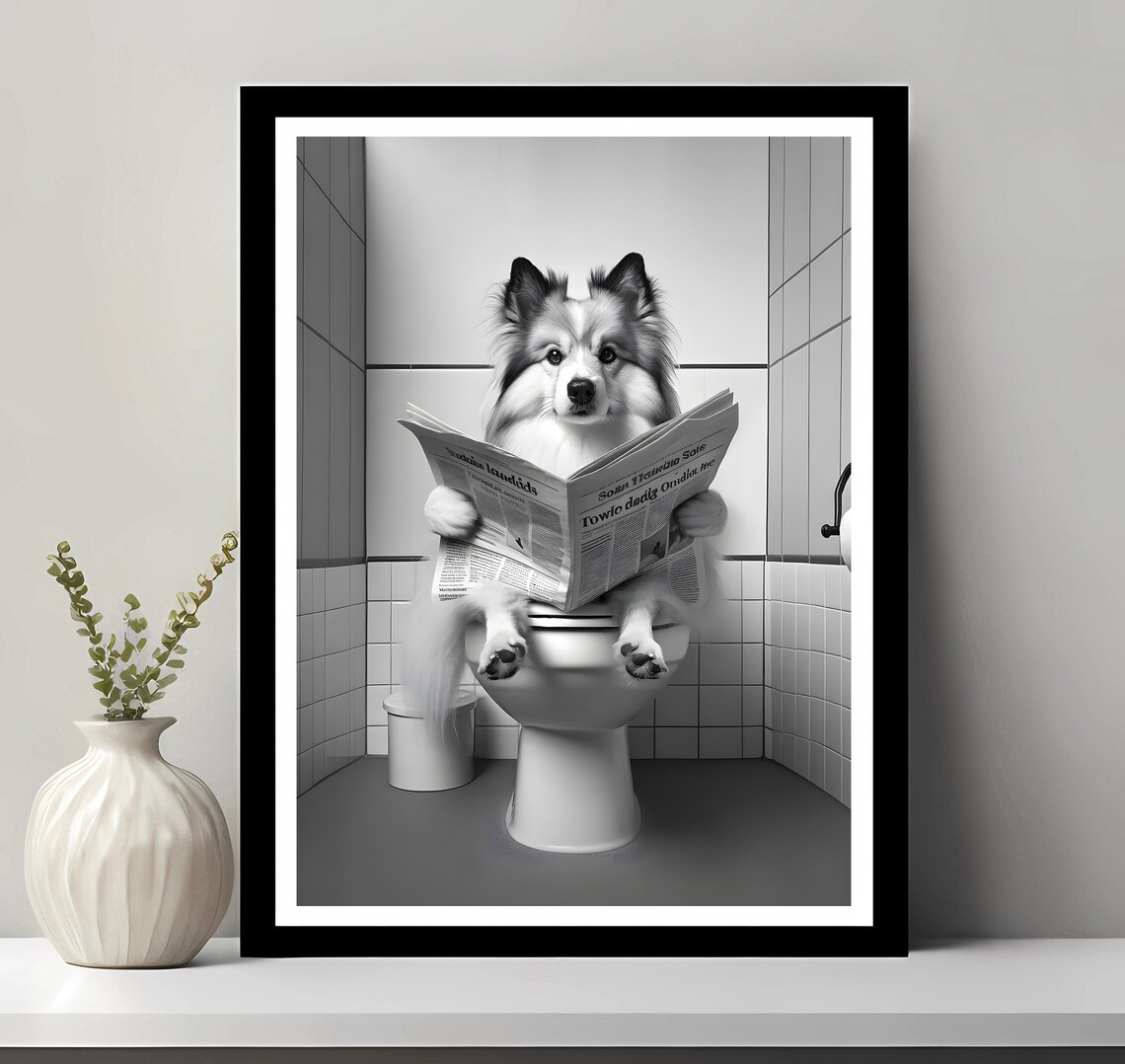 Chinese Crested Dog on Toilet Reading Newspaper Funny Bathroom Poster