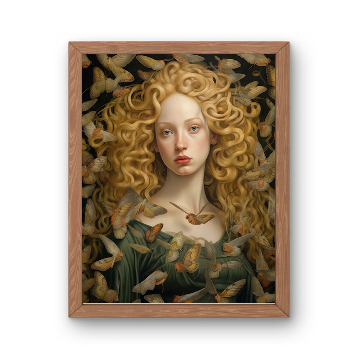 Renaissance Woman Golden Curls Moths Vintage Portrait Art Poster