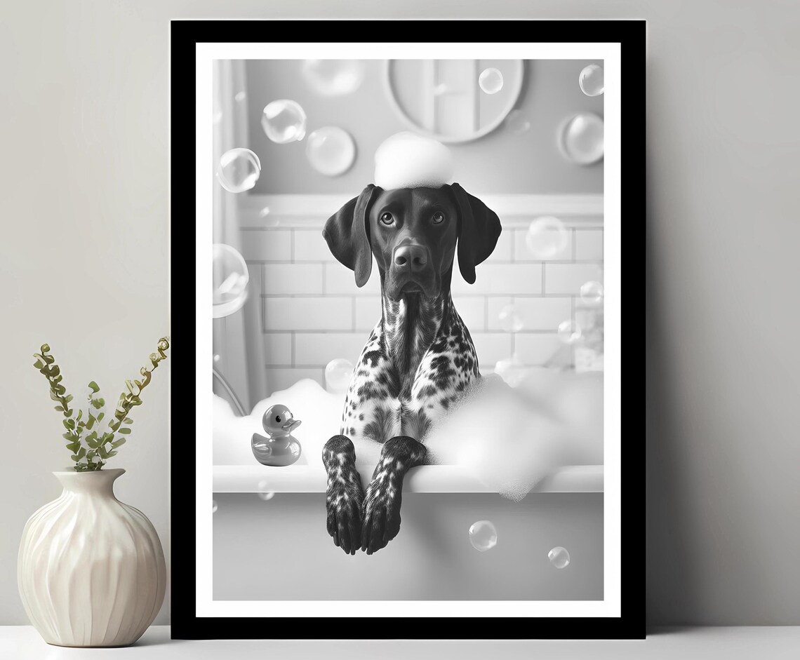 German Shorthaired Pointer Wall Art Funny Bathroom Decor Petshop Dog Gift In Bubble Bath