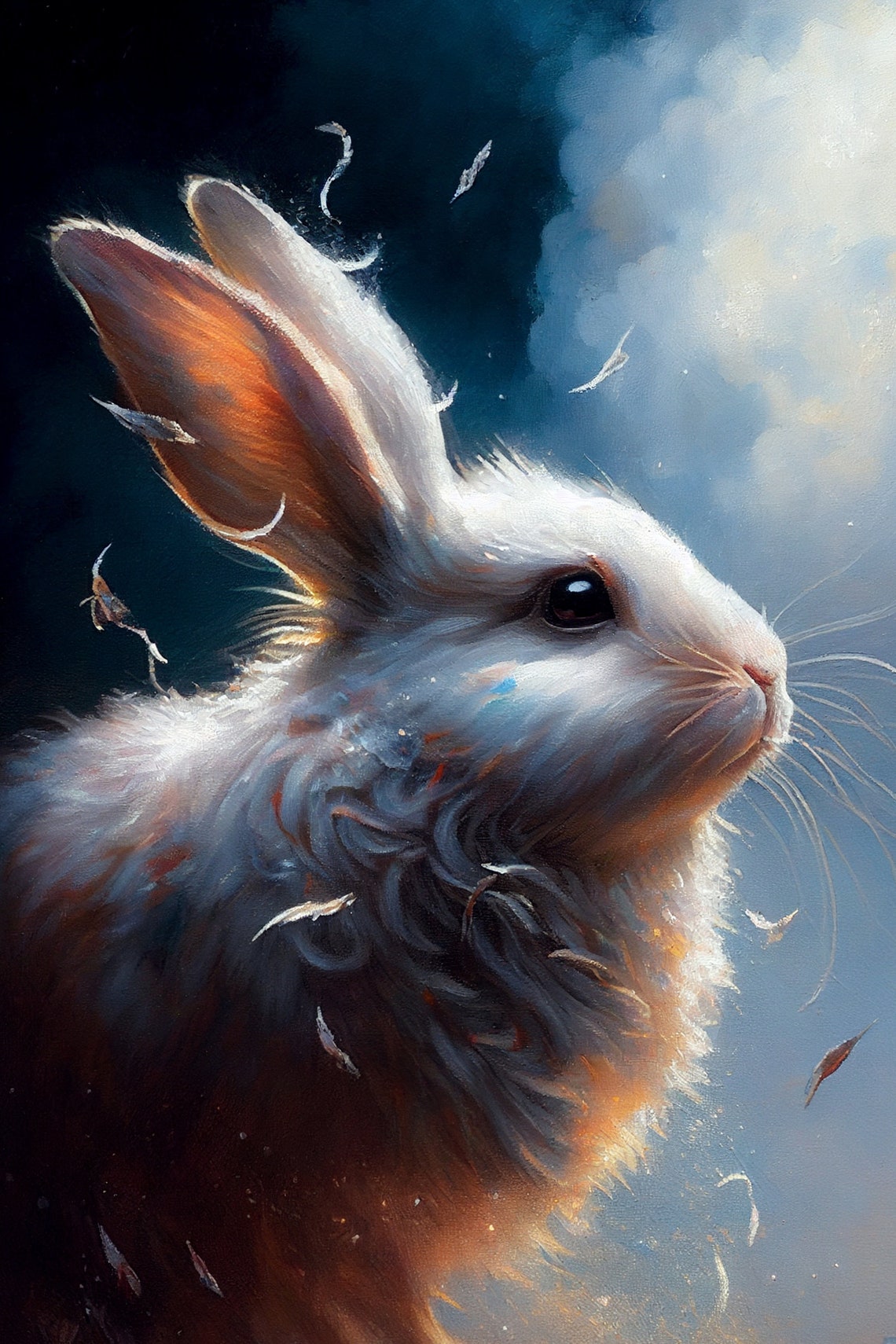 White Rabbit in Dramatic Blue Painterly Fantasy Wildlife Art Poster - Image 2