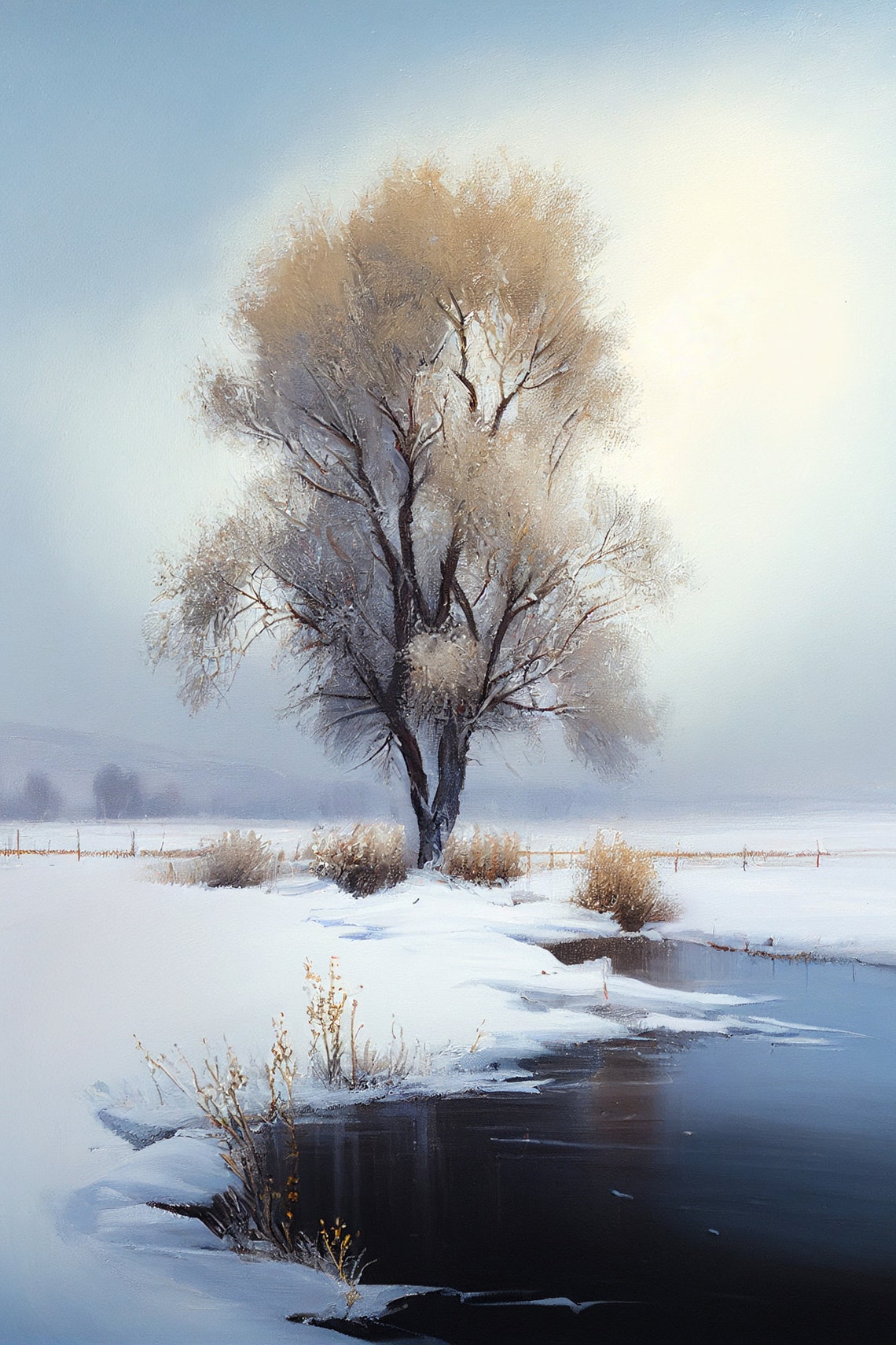 Lone Winter Tree by Frozen River Snowy Landscape Painting Poster - Image 2