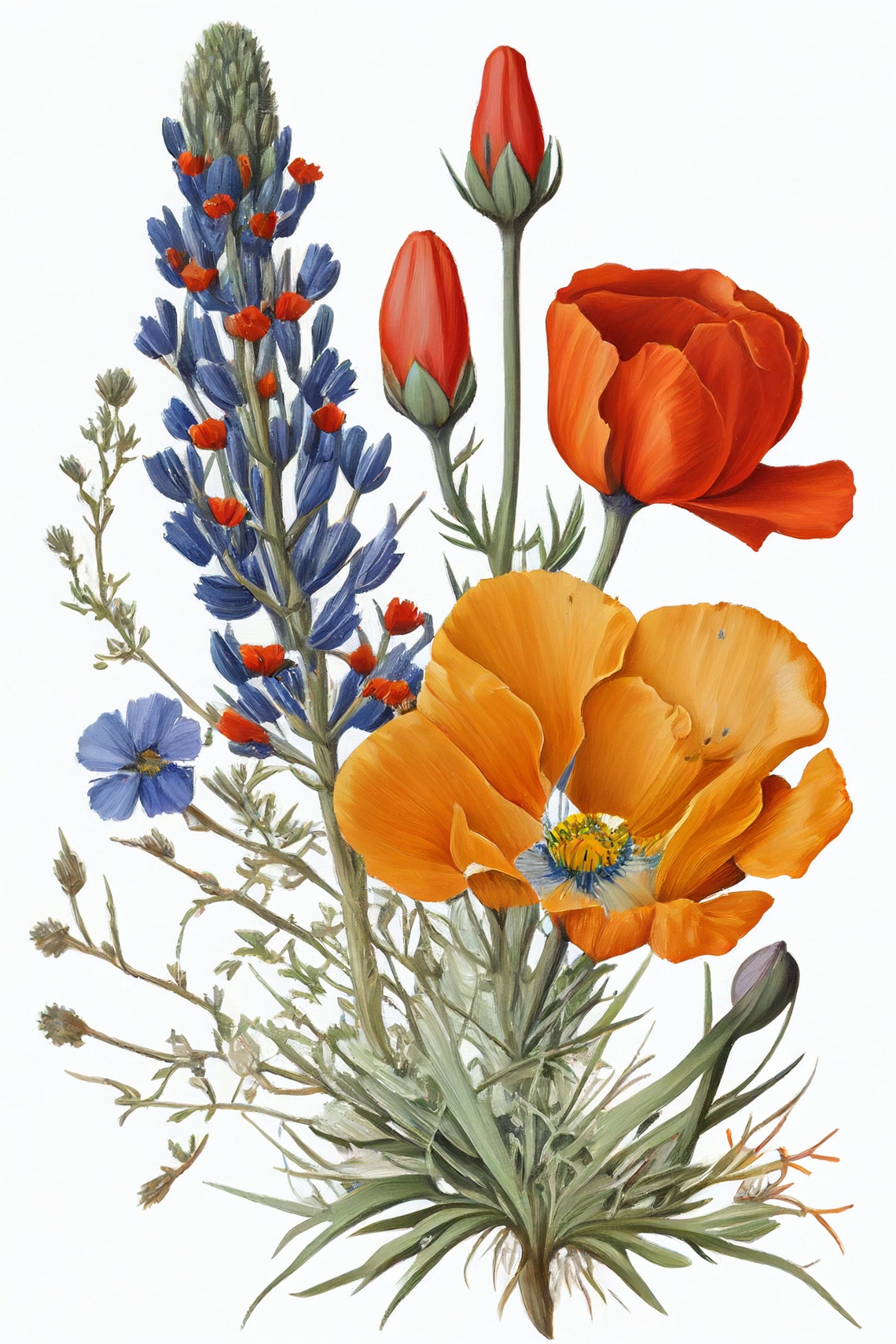 California Poppy and Lupine Wildflowers Botanical Art Poster - Image 2