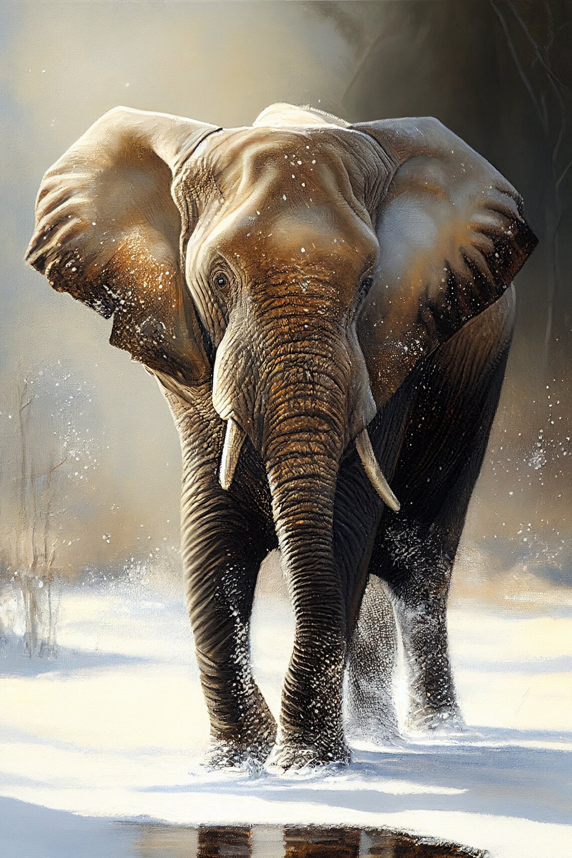 Elephant Walking in Snow Majestic Wild Wildlife Painting Poster - Image 3
