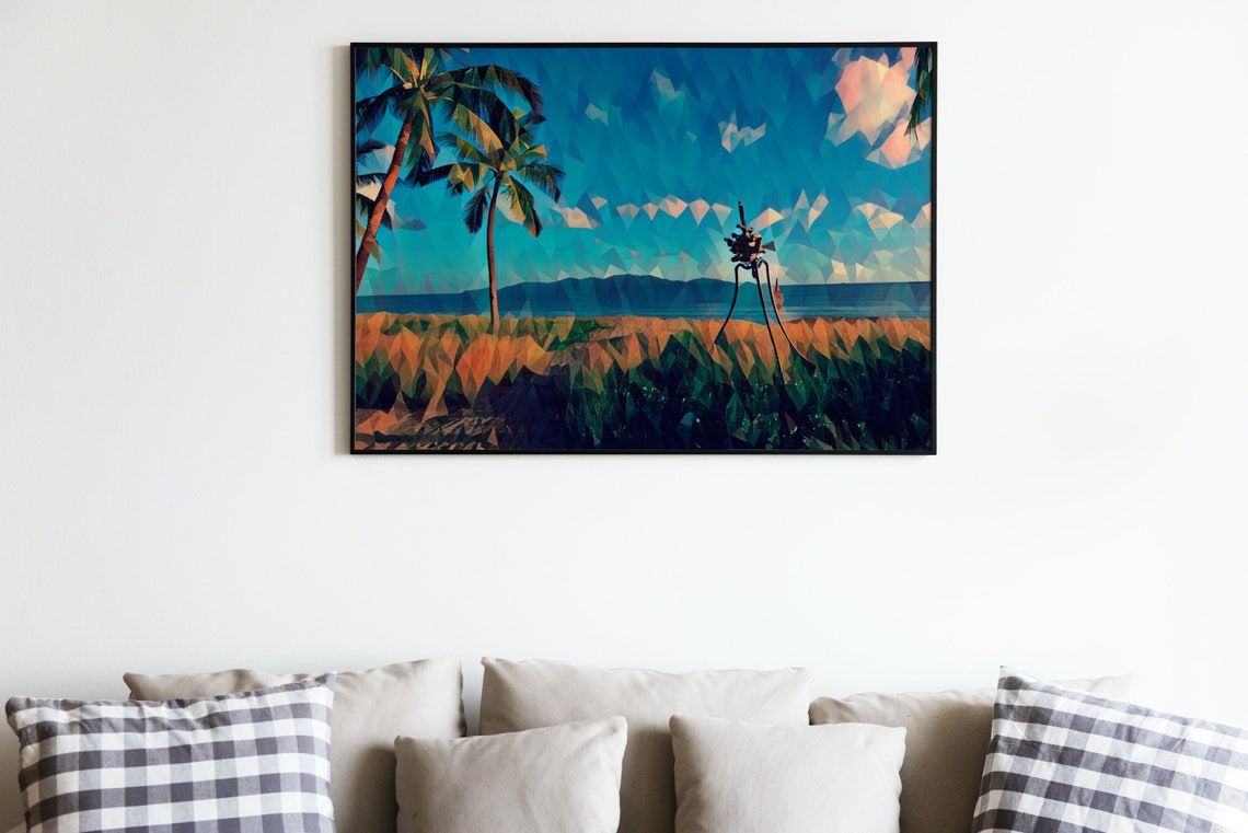 Low Poly Beach Scene with Tiny Robot Palm Trees Island Art Poster - Image 3