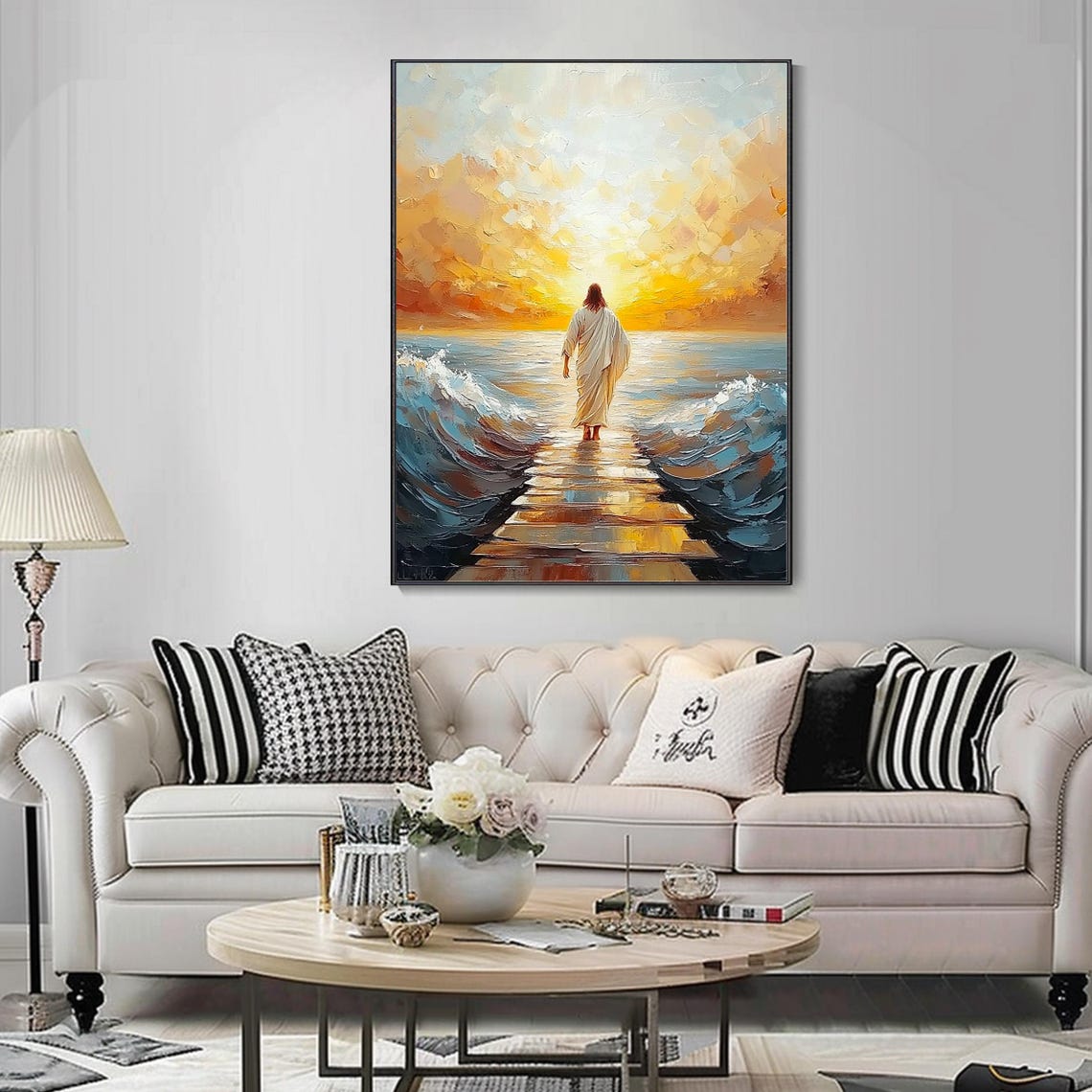 Jesus Walking On Water Toward Heavenly Light Christian Poster - Image 4