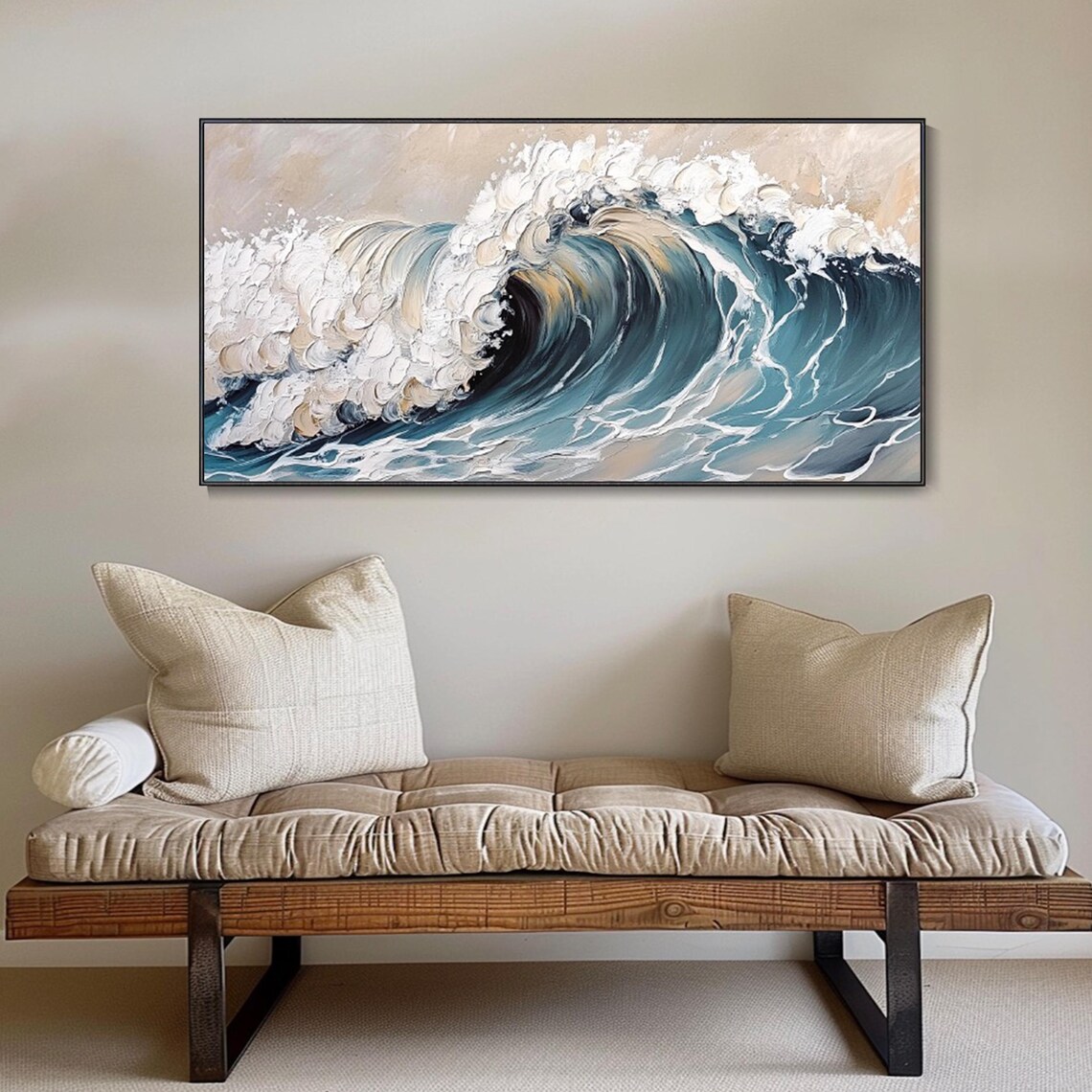 Curling Ocean Wave Teal White Foam 3D Impasto Textured Seascape Art Wall Poster - Image 4