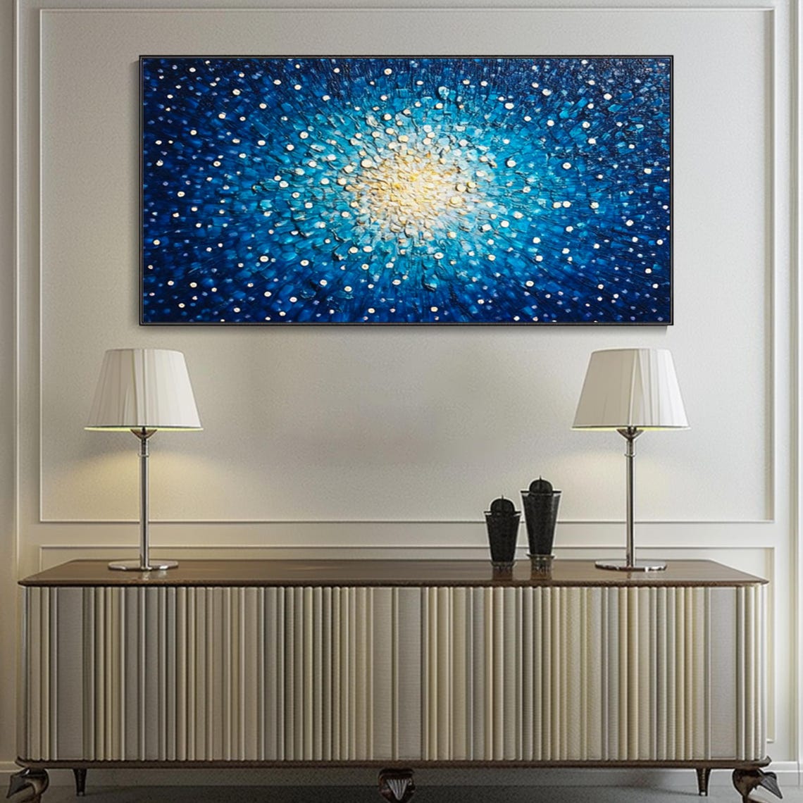 Starry Blue Night Sky With Golden Radiant Center Abstract Poster - Image 3