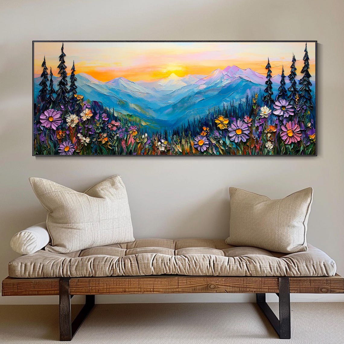 Golden Sunrise Mountain Valley Wildflower Meadow Landscape Poster - Image 3