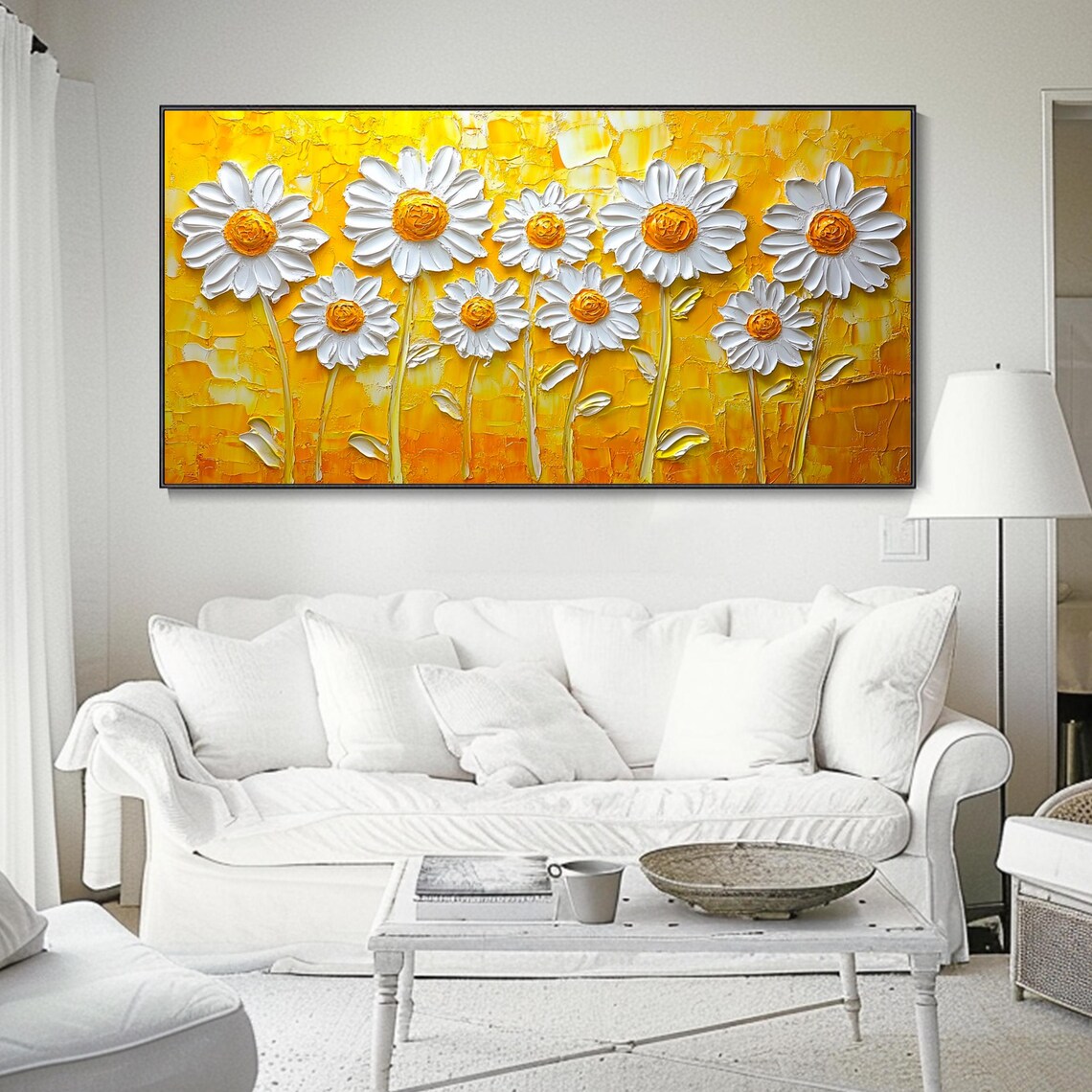 White Daisies On Golden Yellow Textured Floral Painting Poster - Image 2