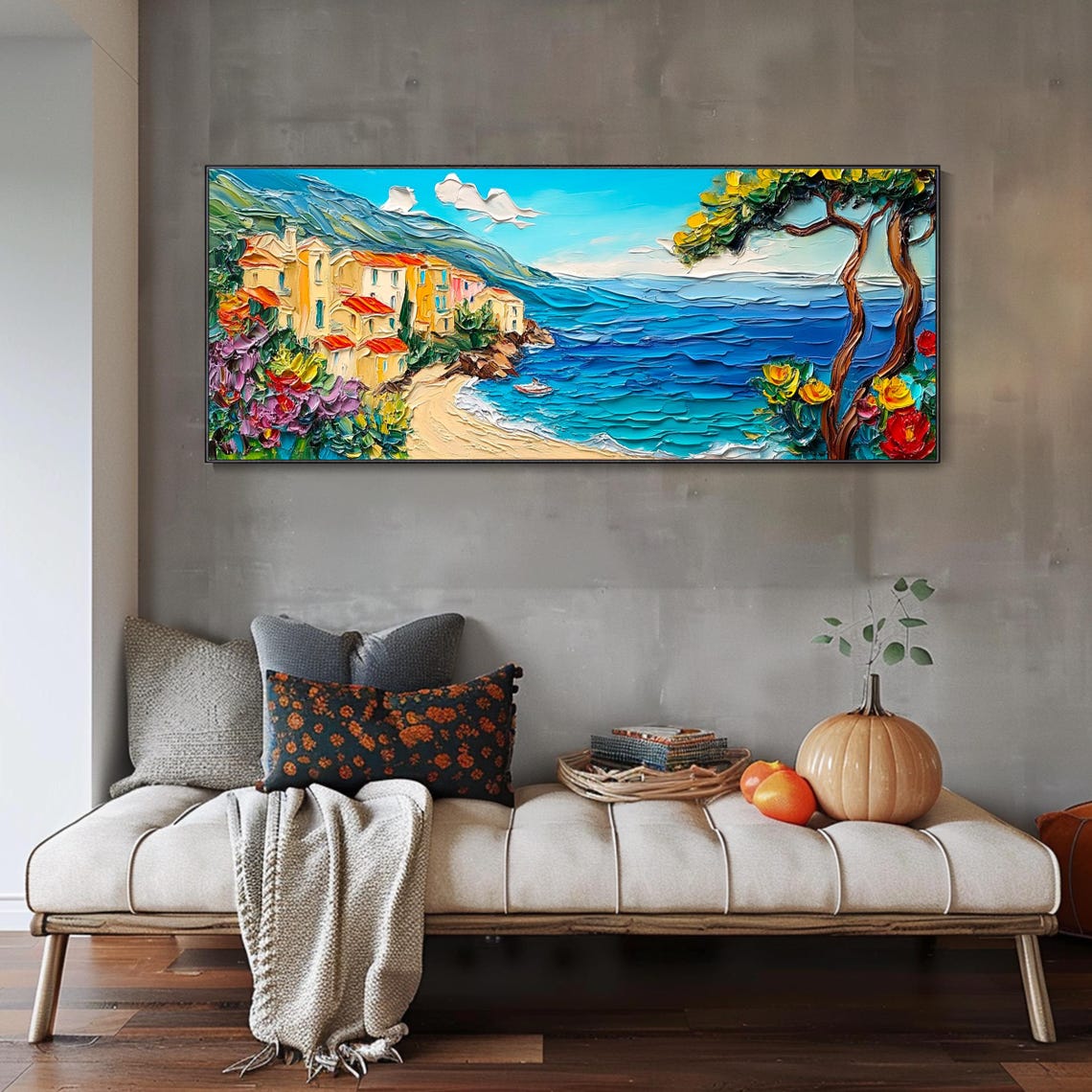 Mediterranean Coastal Village Cliff Turquoise Sea Landscape Poster - Image 3