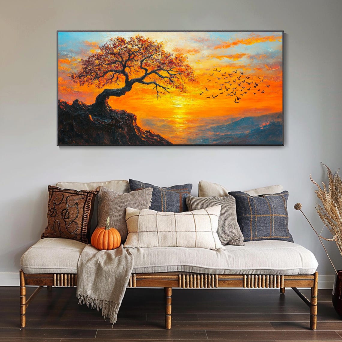 Fiery Ocean Sunset With Tree Silhouette And Flying Birds Poster - Image 2