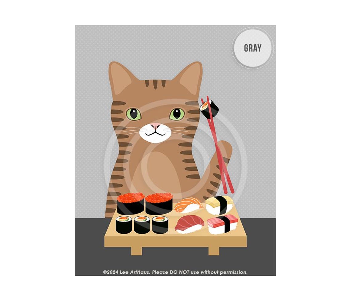 Brown Tabby Cat Eating Sushi With Chopsticks Funny Cat Art Poster - Image 7