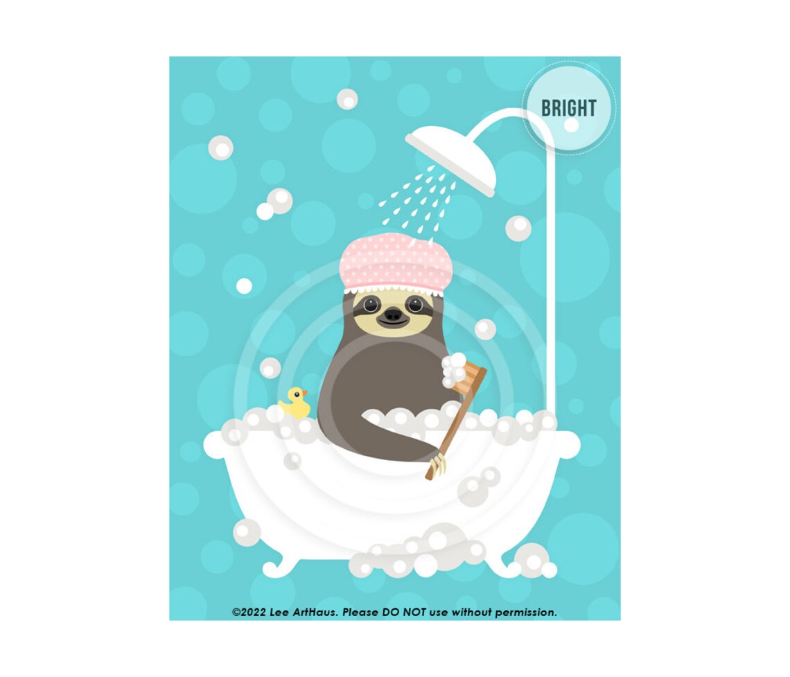 Sloth Wearing Pink Shower Cap Bubble Bath Tub Cute Bathroom Decor Poster - Image 4