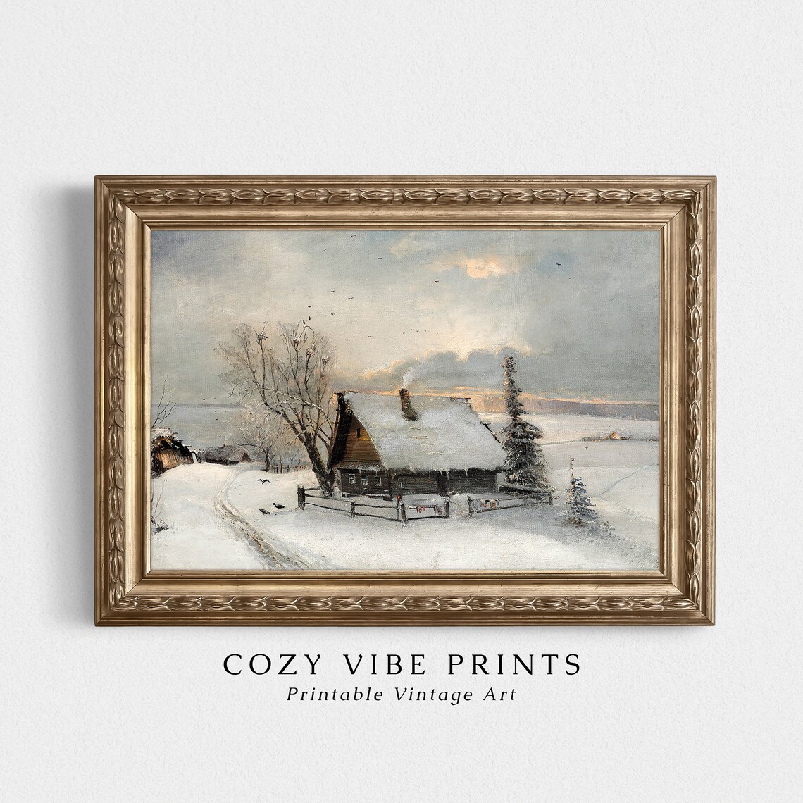 Snowy Winter Cottage at Dusk Vintage Rustic Farmhouse Landscape Poster - Image 2