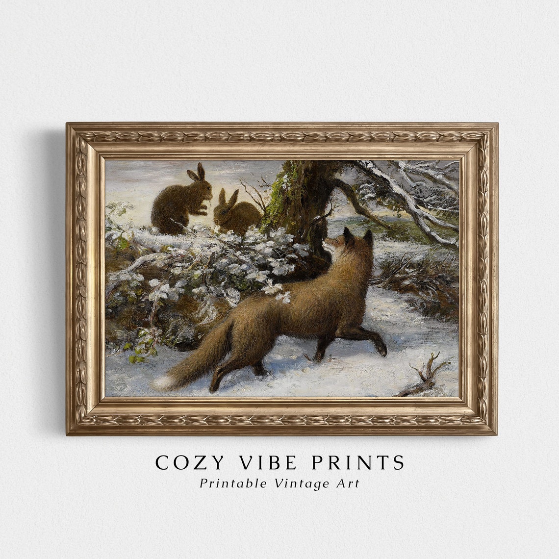 Fox and Rabbits in Snow Vintage Wildlife Winter Painting Wall Art - Image 2
