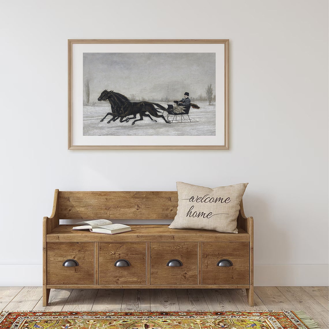 Vintage Two Horse Sleigh Ride Winter Snow Galloping Scene Poster - Image 3