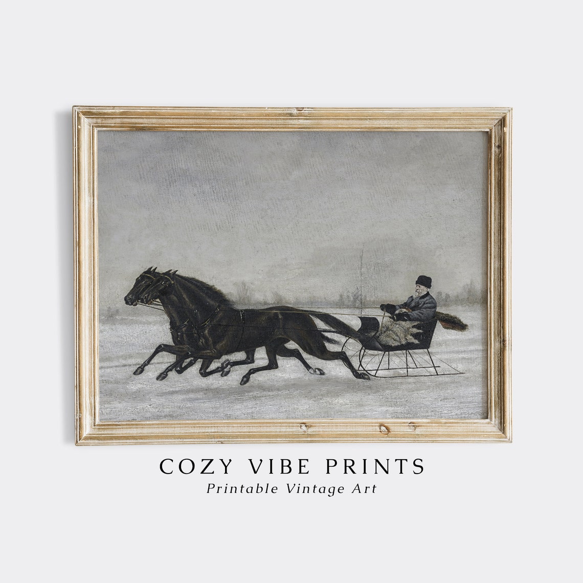 Vintage Two Horse Sleigh Ride Winter Snow Galloping Scene Poster