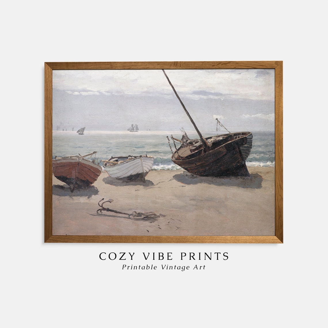 Vintage Fishing Boats Beached On Sand Nautical Oil Painting Poster - Image 2