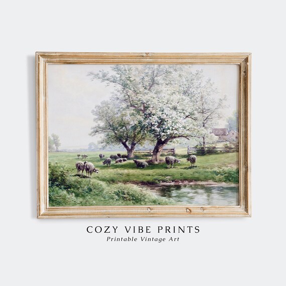Sheep Grazing Under Blooming Trees Vintage Spring Pasture Poster