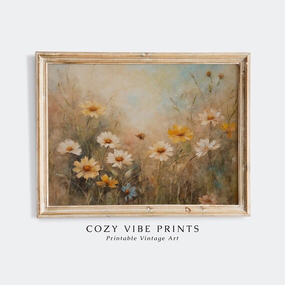 White Daisies Meadow Vintage Botanical Flower Field Painting Poster