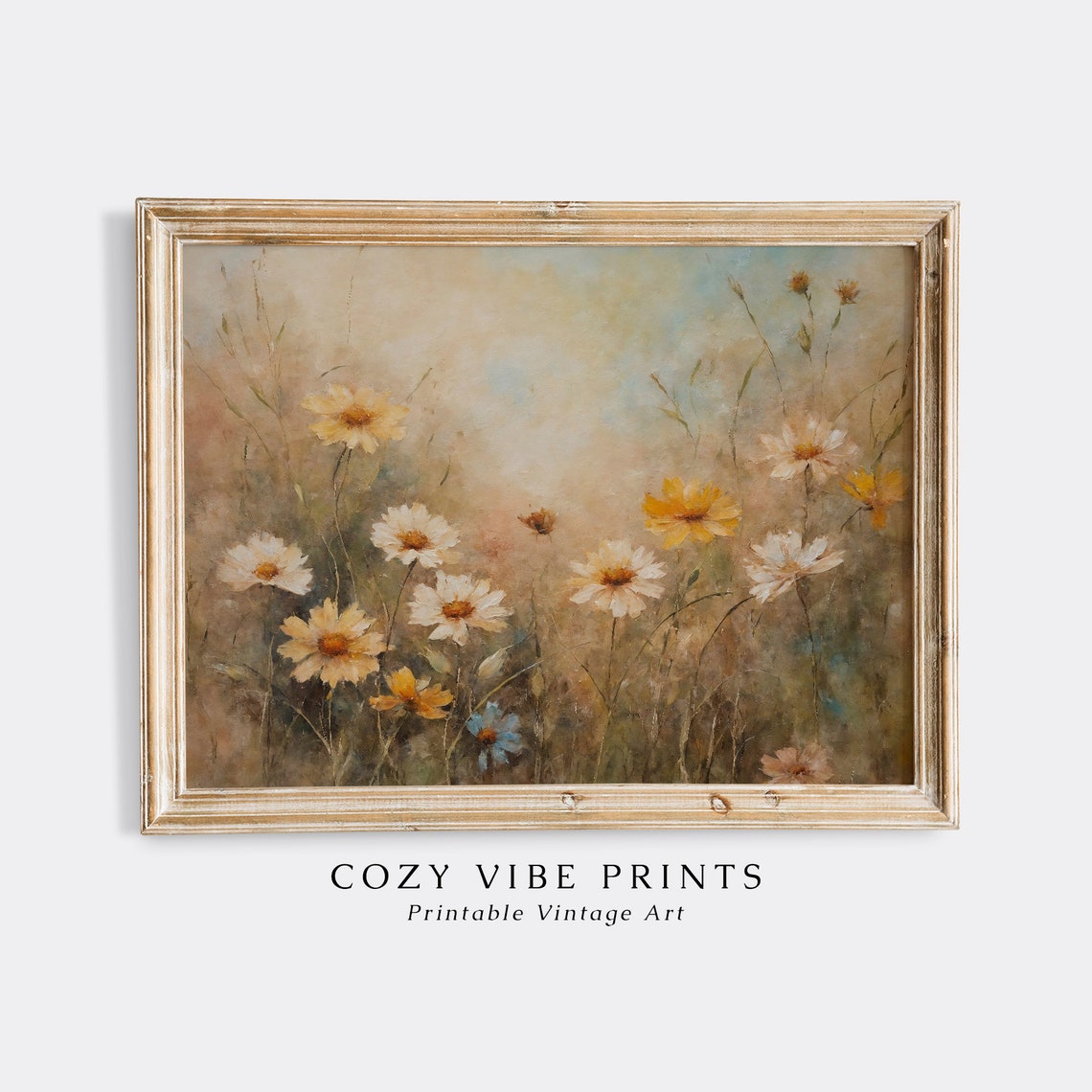 White Daisies Meadow Vintage Botanical Flower Field Painting Poster