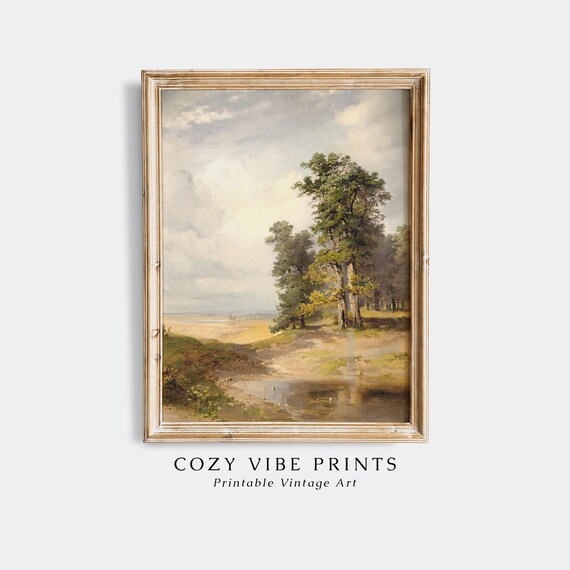 Summer Landscape Tall Oak Trees Pond Vintage Nature Path Poster
