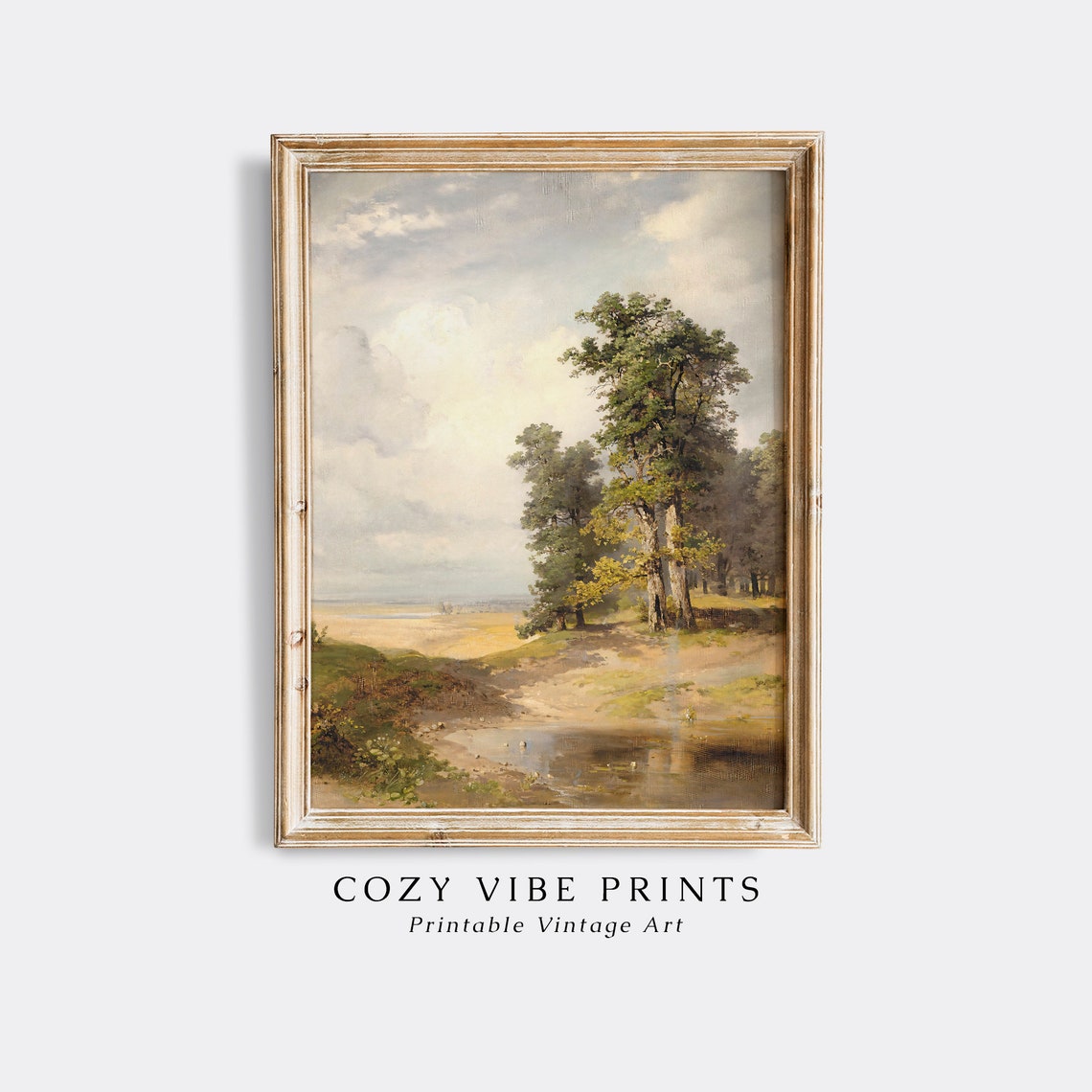 Summer Landscape Tall Oak Trees Pond Vintage Nature Path Poster