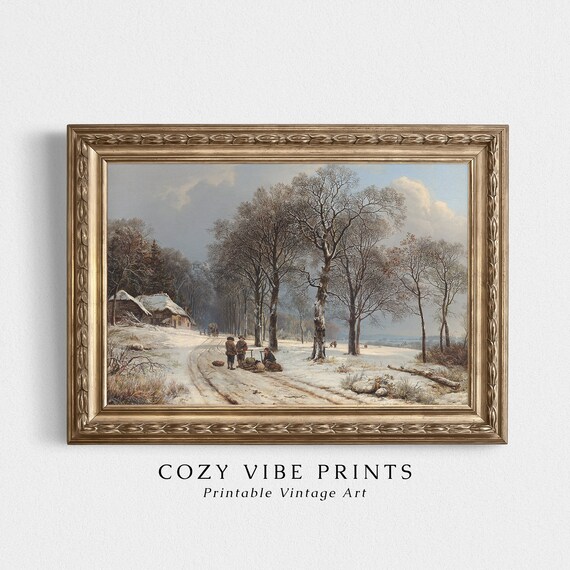 Vintage Wood Gatherers On Snowy Forest Road Winter Scene Oil Poster
