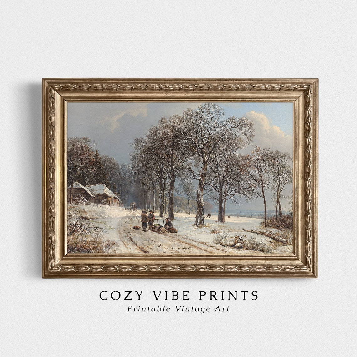 Vintage Wood Gatherers On Snowy Forest Road Winter Scene Oil Poster