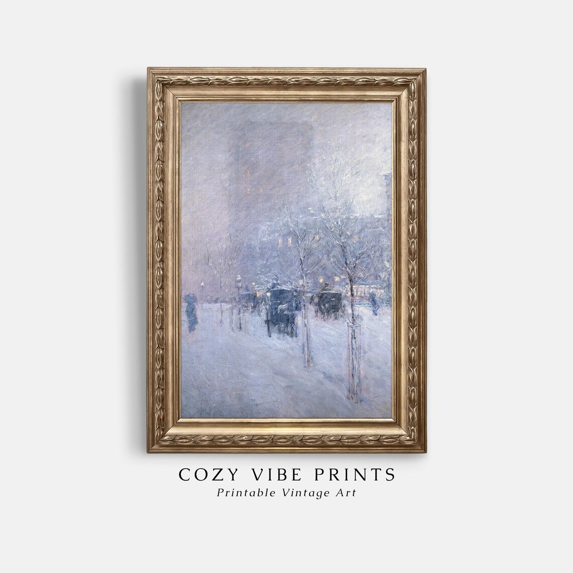 Snowy City Street Night Horse Carriages Vintage Impressionist Poster - Image 3