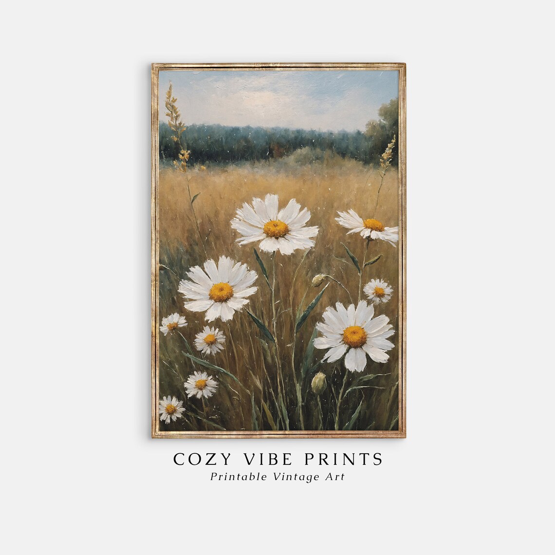White Daisies in Golden Wheat Field Vintage Floral Landscape Poster - Image 2