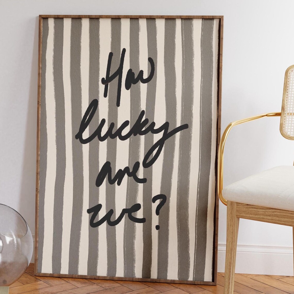 How Lucky Are We Quote Art Print, Black White Stripe