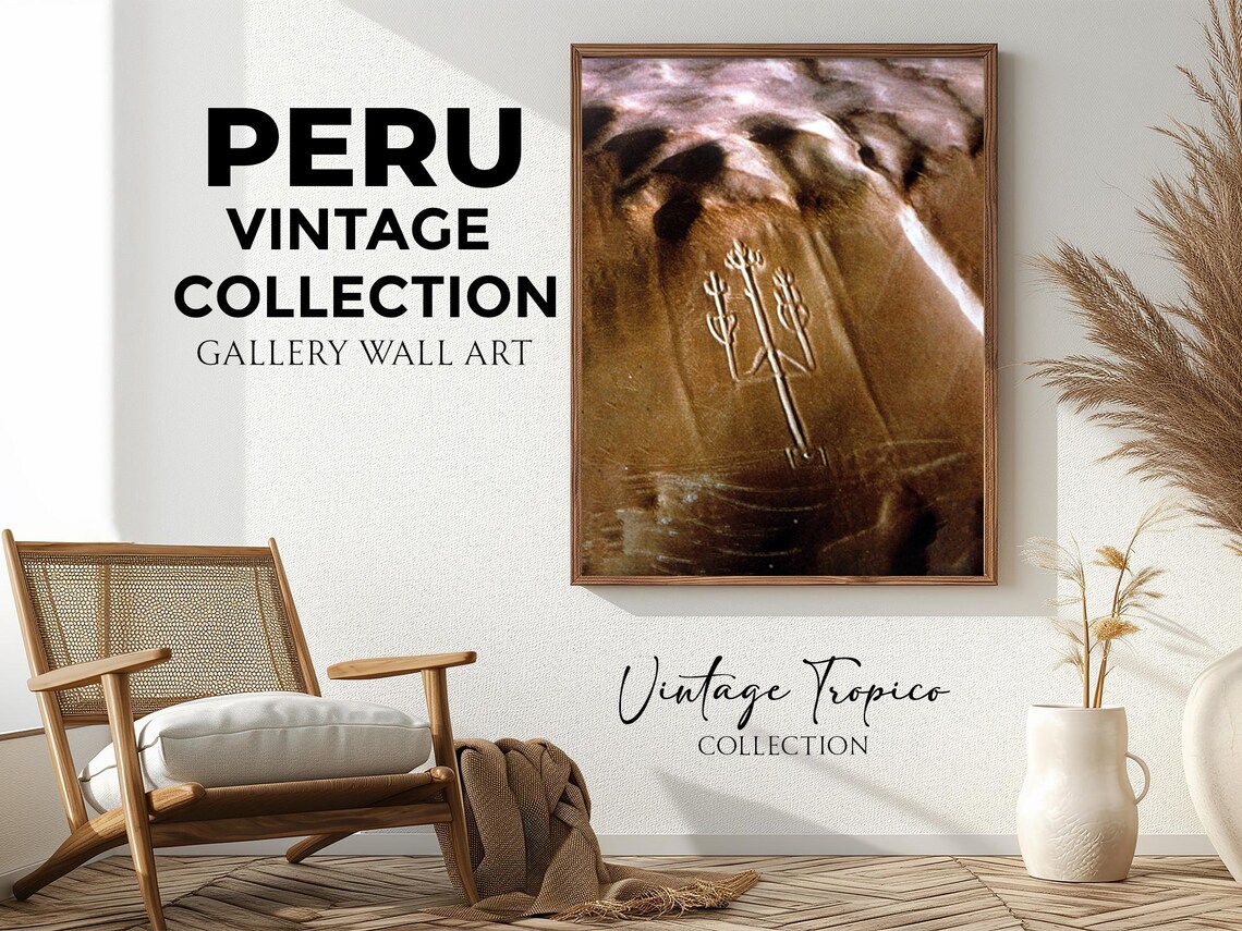 Paracas Candelabra Geoglyph Hillside Aerial Vintage Peru Travel Poster