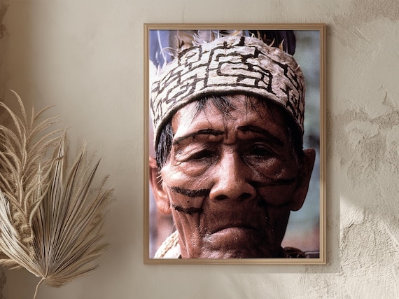 Peruvian Shaman Portrait Wall Art Vintage Amazon Tribe Photography Indigenous Elder Print Rustic Tribal Home Decor Gift For Himher
