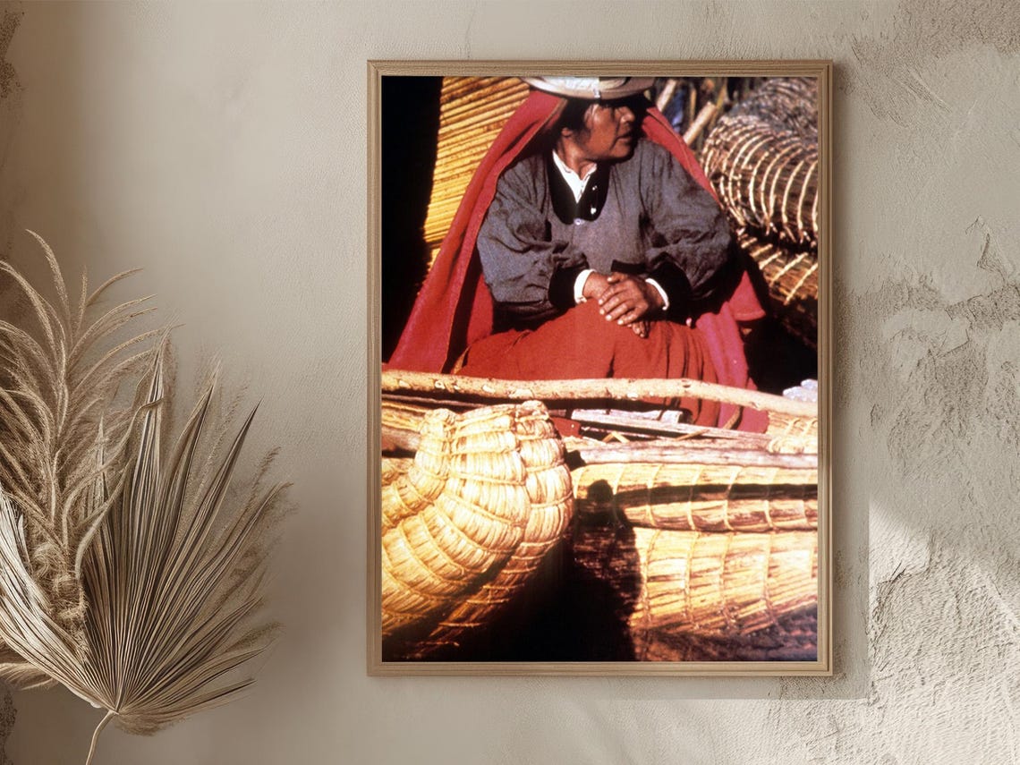 Bolivia Vintage Wall Art Indigenous Woman Among Reed Boats At Lake Titicaca Andean Culture Photography Home Office Decor Gift For Her