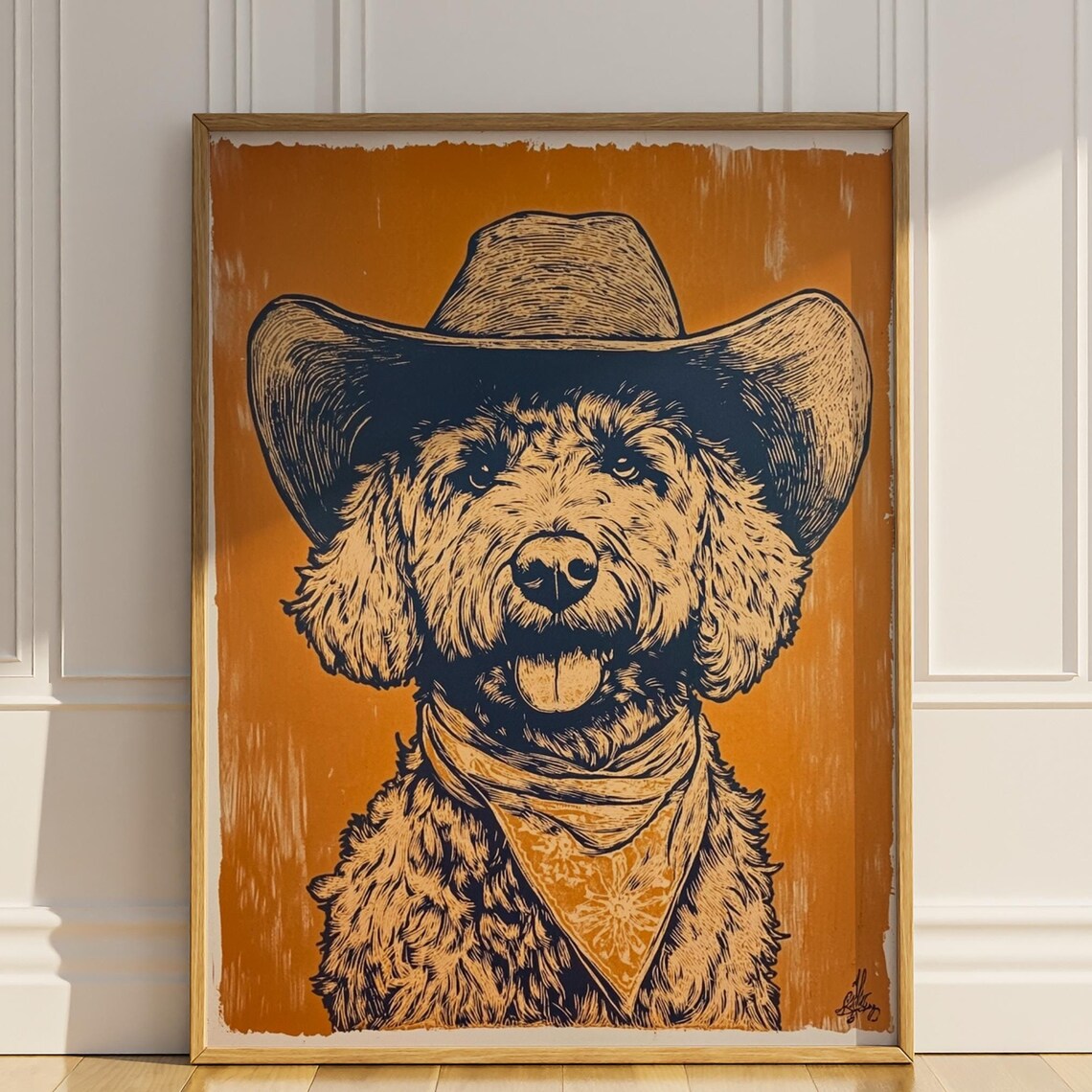 Goldendoodle Cowboy Hat Bandana Western Linocut Dog Wall Art Poster